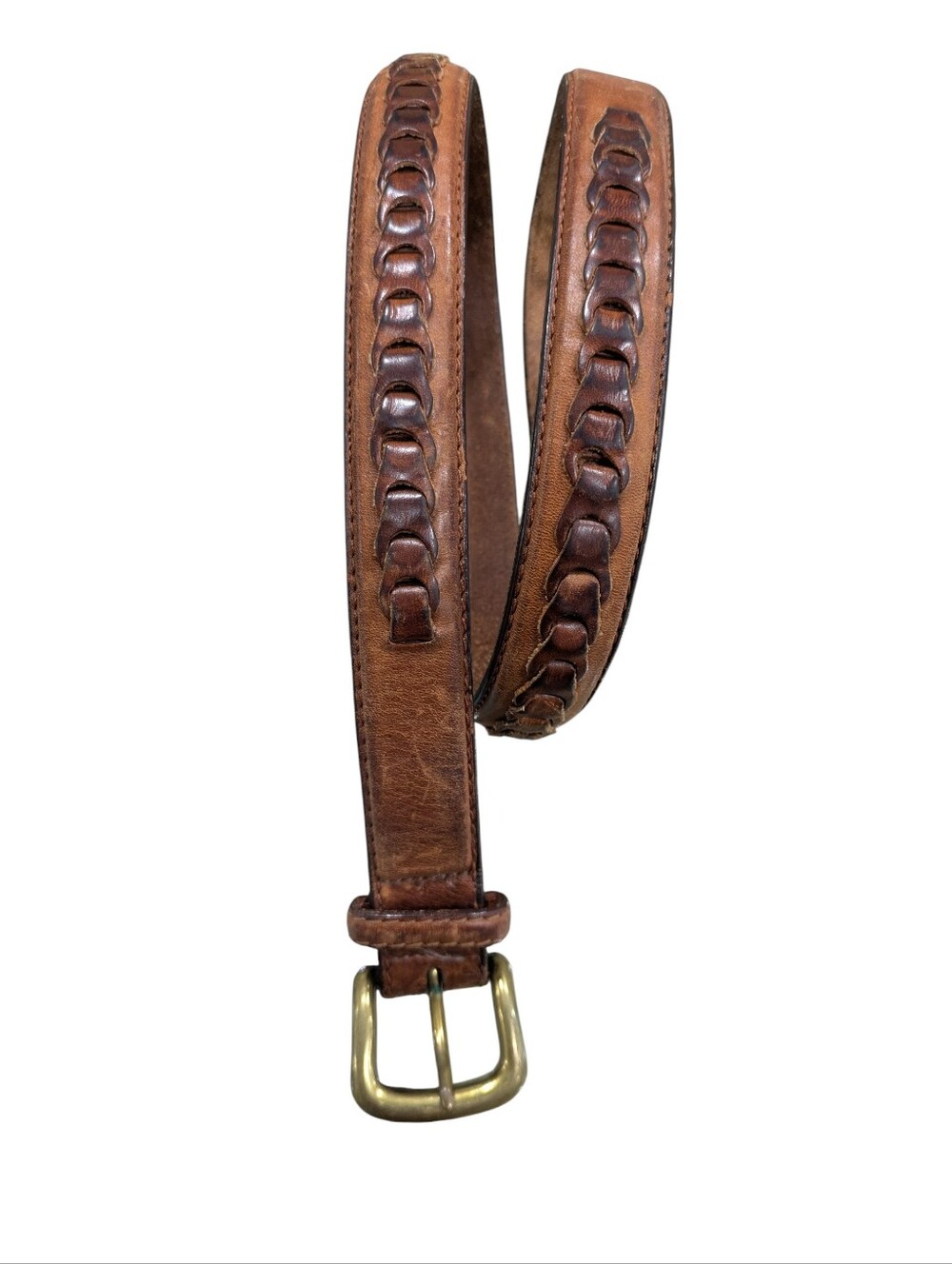 VTG Brown Oiled Leather Belt Chain Link Inlay Burnished Thick Brass Buckle Sz 34